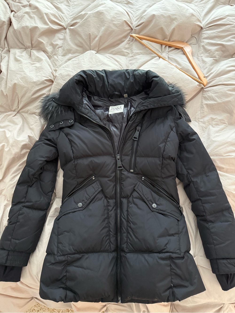 SAM. Black Quilted Puffer Coat with Real Fur Trim